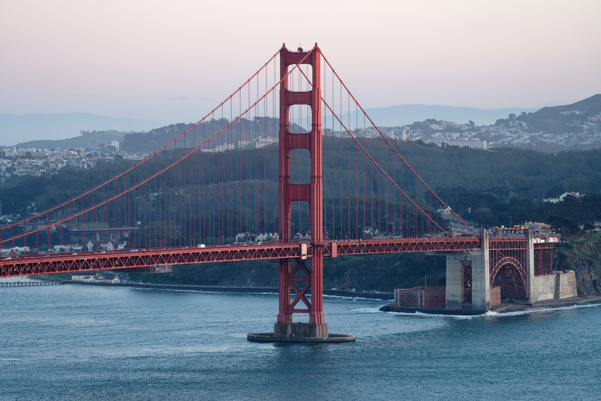 Golden Gate Bridge at dusk, straight out of camera
