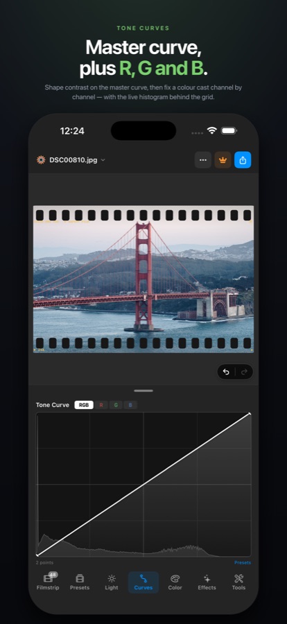 LunaLux Photo Editor on iPhone: RGB tone curves