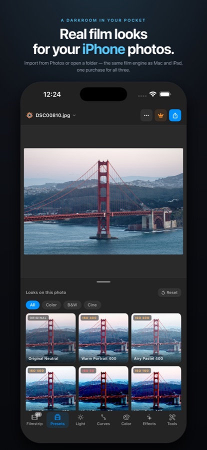 LunaLux Photo Editor on iPhone: live recipe previews