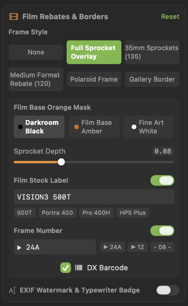 Film Rebates & Borders panel with frame style, film base mask, film stock label and DX barcode options