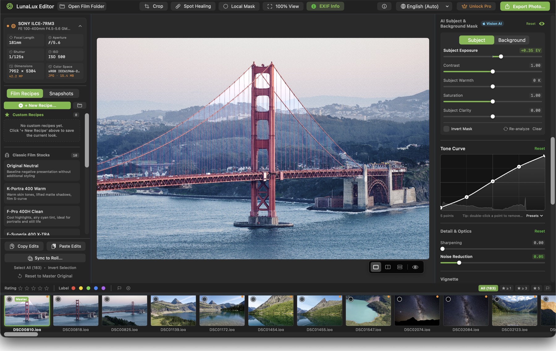 AI subject and background mask panel with tone curve