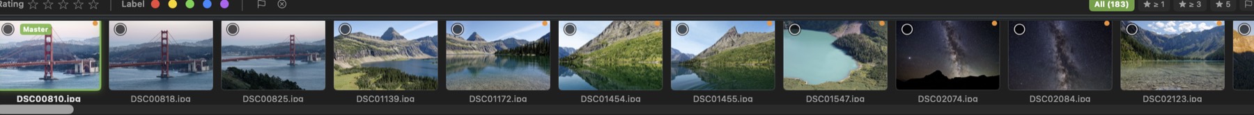 Filmstrip with star ratings, colour labels and rating filters