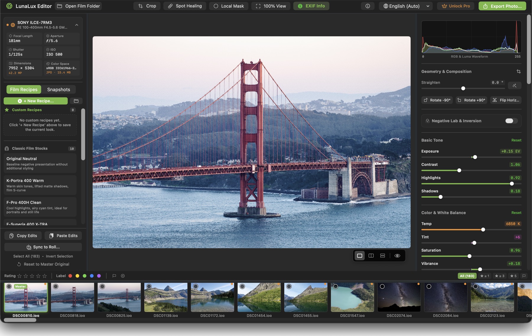 LunaLux Editor main window: EXIF panel, film recipe list, filmstrip and tone controls