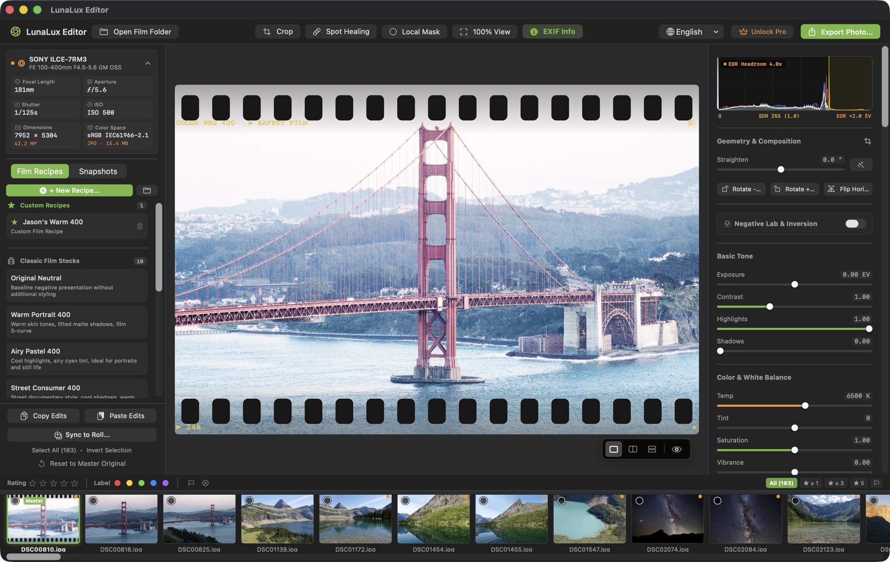 LunaLux Photo Editor darkroom on the Mac: film recipes, filmstrip and inspector around a photo with a sprocket border