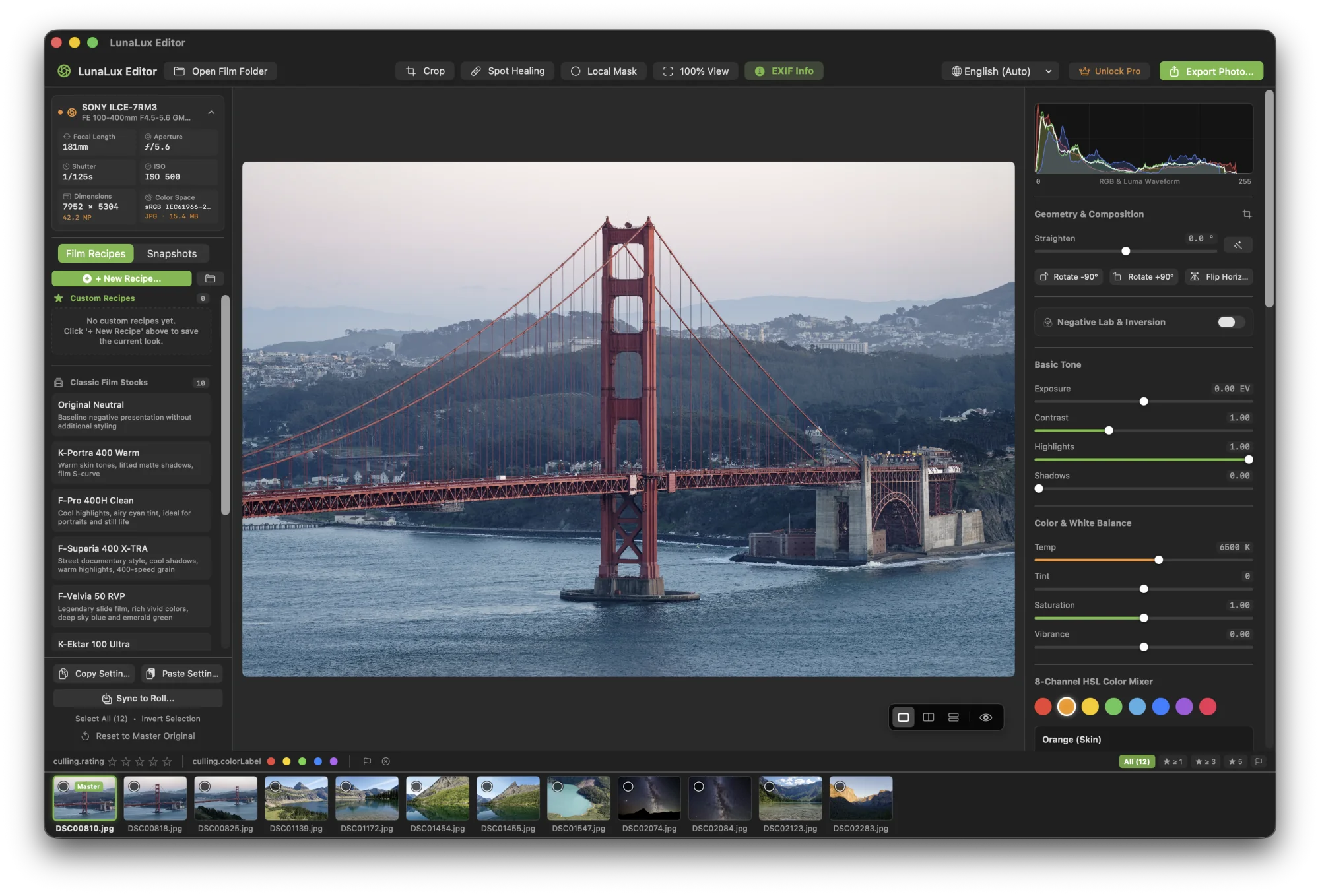 LunaLux Editor darkroom interface applying a Portra film simulation to a digital photo